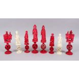 EIGHT PIECES PART OF A 19TH CENTURY CHINESE CANTON CARVED IVORY CHESS SET, consisting of 6 x red