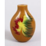 A 19TH / 20TH CENTURY CHINESE CARVED HARD STONE / AGATE / SOAPSTONE SNUFF BOTTLE, painted floral