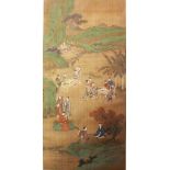 A 19TH CENTURY CHINESE HAND PAINTED SILK HANGING SCROLL, depicting scenes of figures within