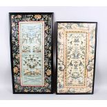 TWO GOOD 19TH CENTURY CHINESE EMBROIDERED SILK PICTURES, the larger decorated with scenes of cranes,