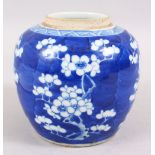 A 19TH CENTURY CHINESE BLUE & WHITE PORCELAIN PRUNUS GINGER JAR, the base with double blue rings,