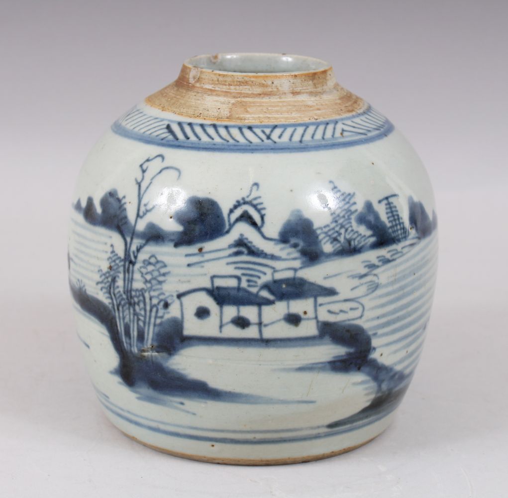 A SMALL 19TH CENTURY CHINESE BLUE & WHITE GINGER JAR, the body with landscape scenes, 16.5cm high