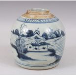 A SMALL 19TH CENTURY CHINESE BLUE & WHITE GINGER JAR, the body with landscape scenes, 16.5cm high