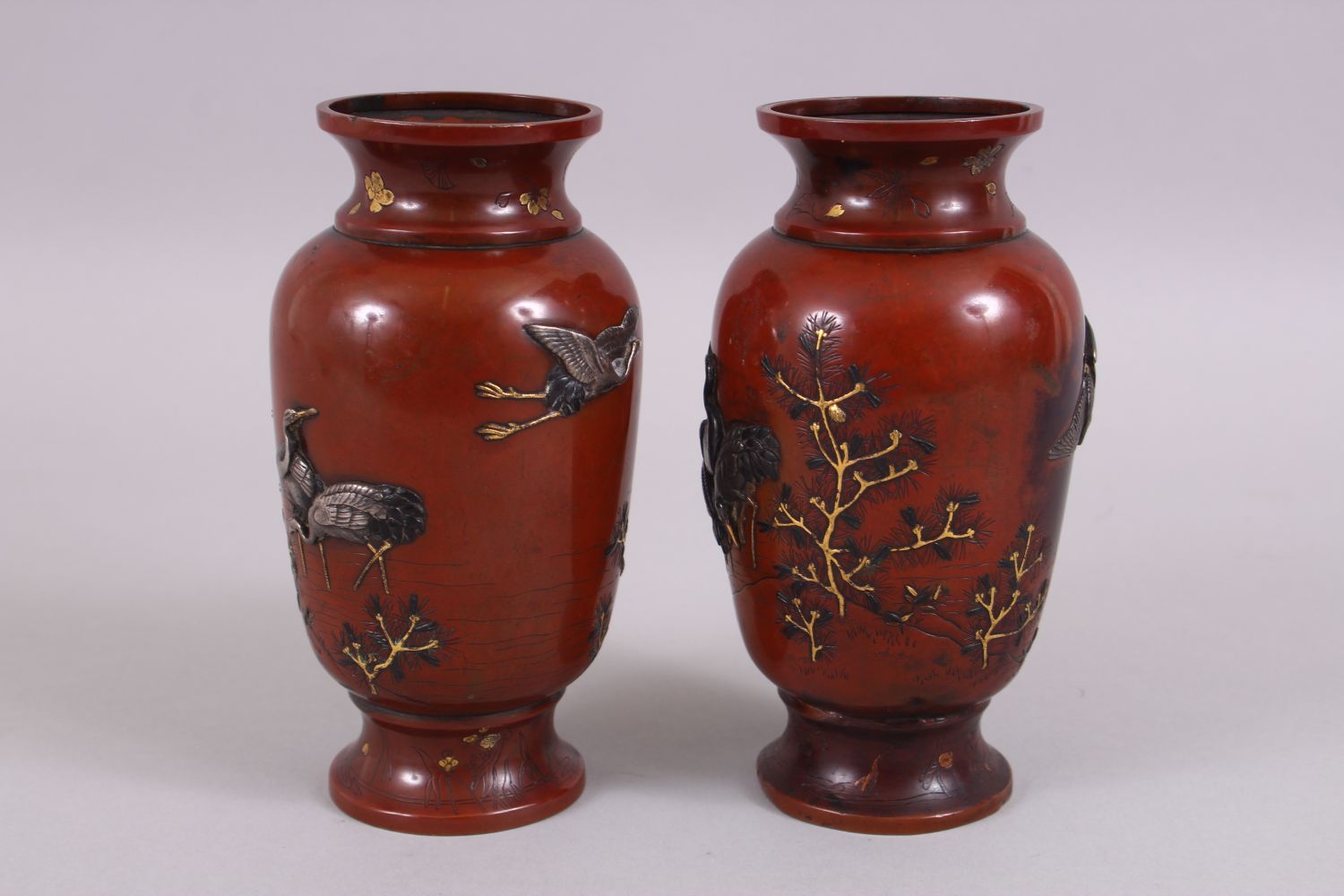 A GOOD PAIRT OF JAPANESE MEIJI PERIOD BRONZE & MIXED METAL ONLAID VASES, depicting scenes of - Image 4 of 7