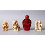 THREE JAPANESE MEIJI PERIOD CARVED IVORY NETSUKES & A CINNABAR LACQUER SNUFF BOTTLE, one depicting 2