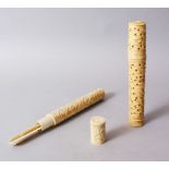 TWO GOOD 19TH CENTURY CHINESE CANTON CARVED IVORY NEEDLE CASE / BODKIN, both carved in relief to