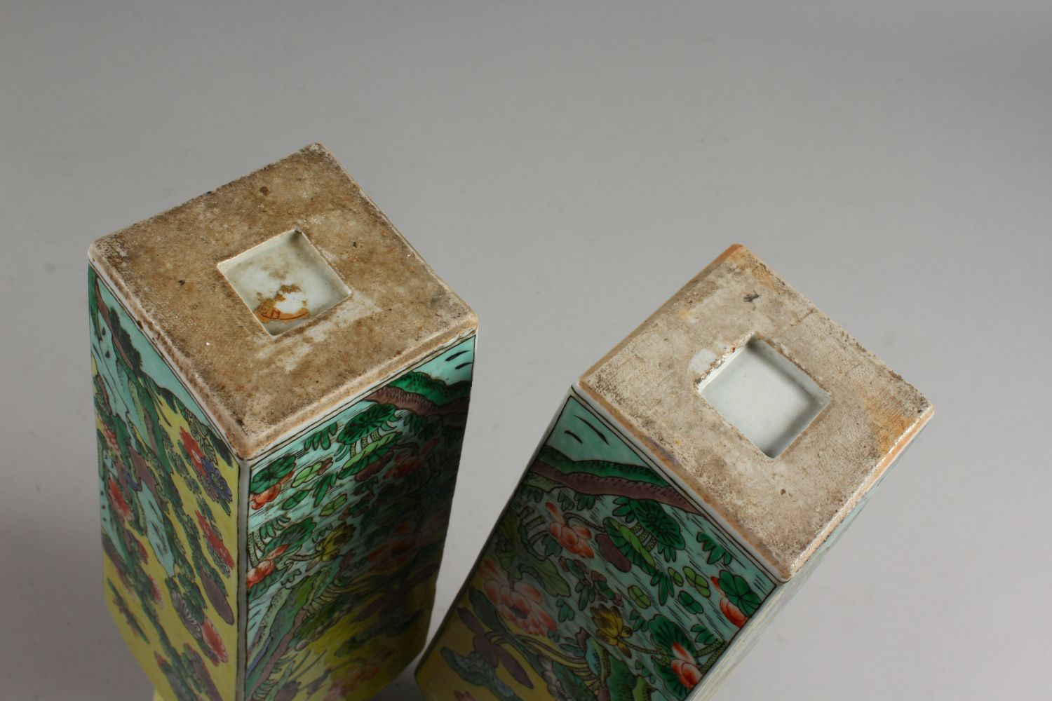 A GOOD PAIR OF 19TH CENTURY CHINESE FAMILLE JAUNE SQUARE TAPERING VASES painted with panels of - Image 9 of 9