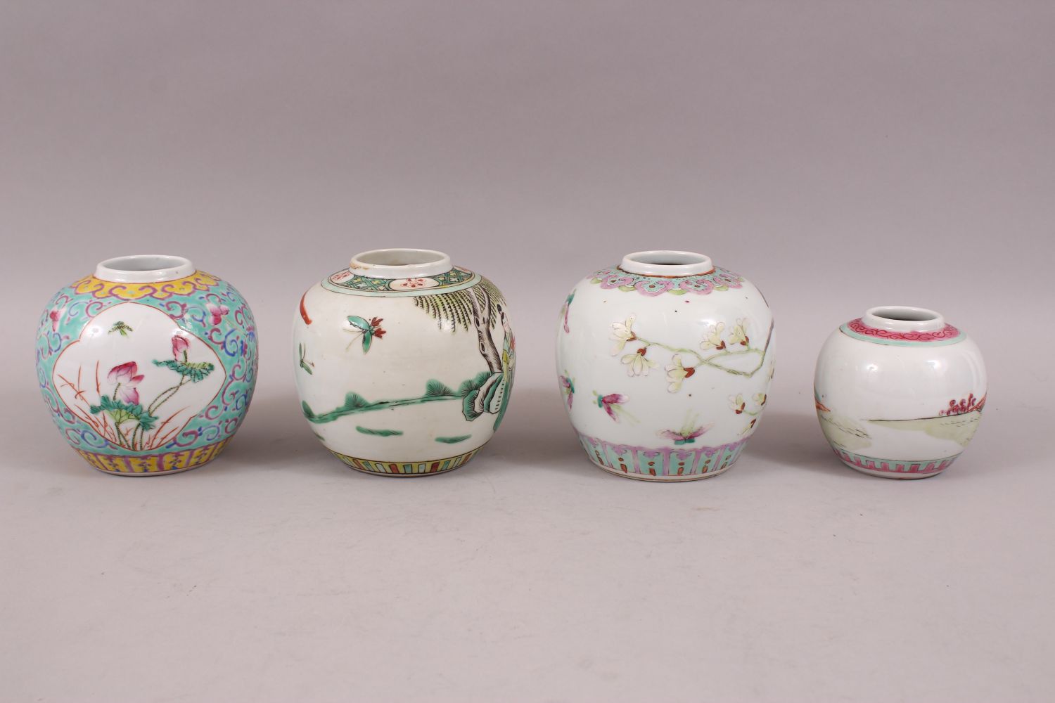 FOUR 19TH / 20TH CENTURY CHINESE FAMILLE ROSE PORCELAIN GINGER JARS, each decorated with scenes of - Image 4 of 7