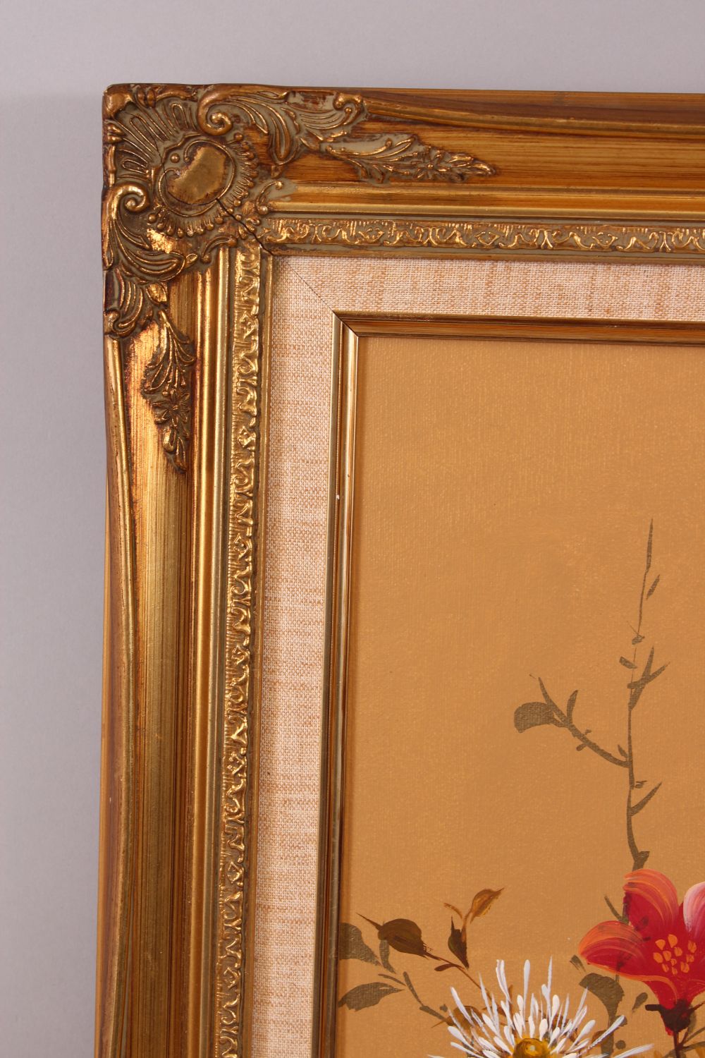 A 20TH CENTURY CHINESE OIL ON CANVAS PAINTING OF BIRDS IN TREES, housed within a moulded gilt frame, - Image 4 of 4