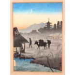 A GOOD JAPANESE MEIJI PERIOD WOODBLOCK PRINT BY SHOTEI, titled " returning homeward in the evening",