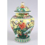 A 19TH CENTURY CHINESE FAMILLE JAUNE PORCELAIN GINGER JAR & COVER, decorated with scenes of birds
