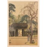 A 19TH / 20TH CENTURY JAPANESE WOODBLOCK PRINT BY HIROSHI YOSHIDA, titled the plum gateway, in its