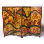 A LATE 19TH / 20TH CENTURY ASIAN OIL ON CANVAS FOUR FOLD SCREEN - HUNTING SCENE, the screen