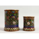 TWO JAPANESE MEIJI CLOISONNE ENAMEL BRUSH POTS / SPILL VASES. 3.5ins and 2.5ins high.