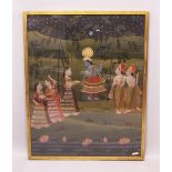A 19TH-20TH CENTURY FRAMED INDIAN PAINTING ON TEXTILE depicting a blue skin god stood amongst