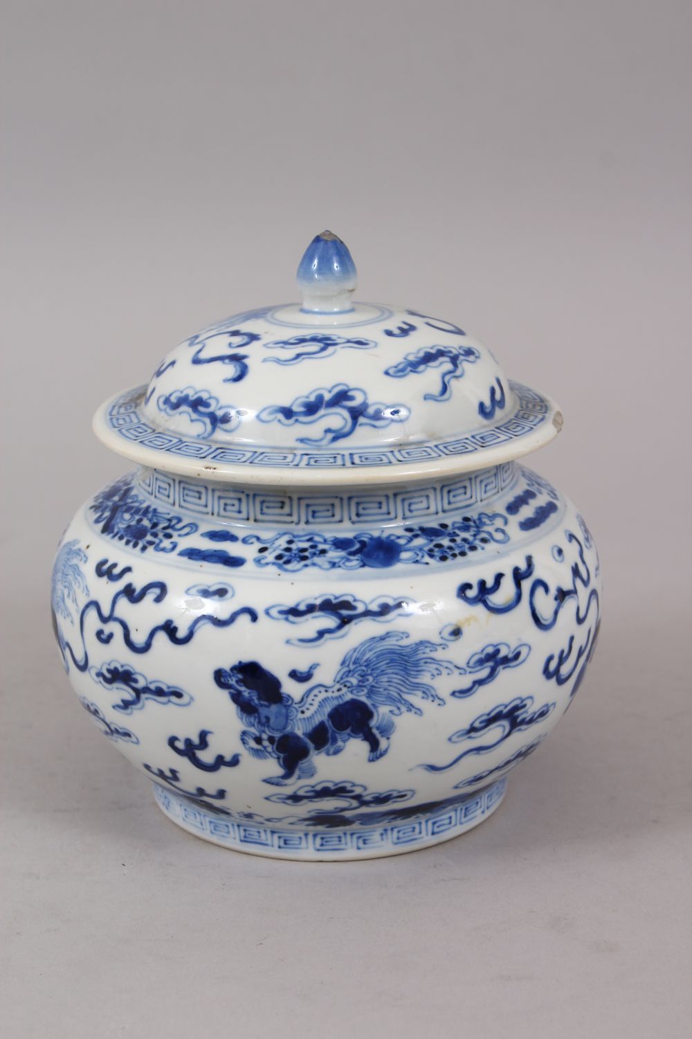 A 19TH CENTURY CHINESE BLUE & WHITE JAR AND COVER, decorated with scenes of lion dogs amongst - Image 3 of 8