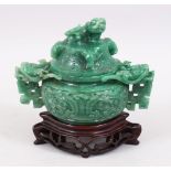 A GOOD 19TH / 20TH CENTURY CHINESE CARVED JADE / JADELIKE HARDSTONE LIDDED CENSER, carved with