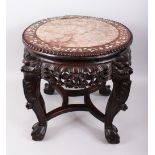 A GOOD 19TH CENTURY CHINESE HARDWOOD MARBLE TOP & MOTHER OF PEARL PLANTER / STAND, the top with