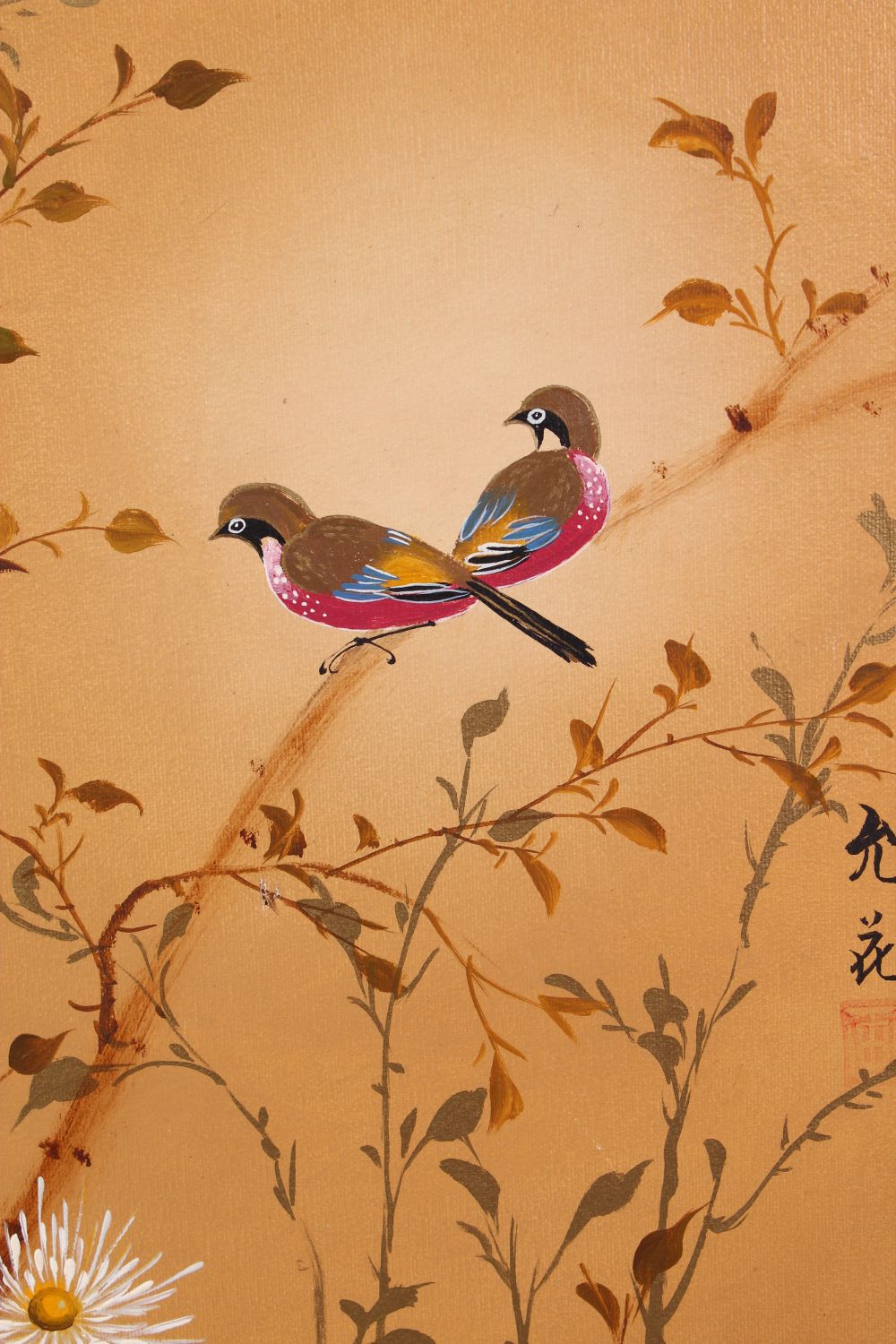 A 20TH CENTURY CHINESE OIL ON CANVAS PAINTING OF BIRDS IN TREES, housed within a moulded gilt frame, - Image 3 of 4