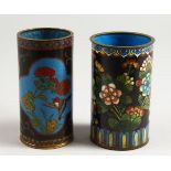 TWO 19TH CENTURY CLOISONNE ENAMEL SPILL VASES. 5ins high.