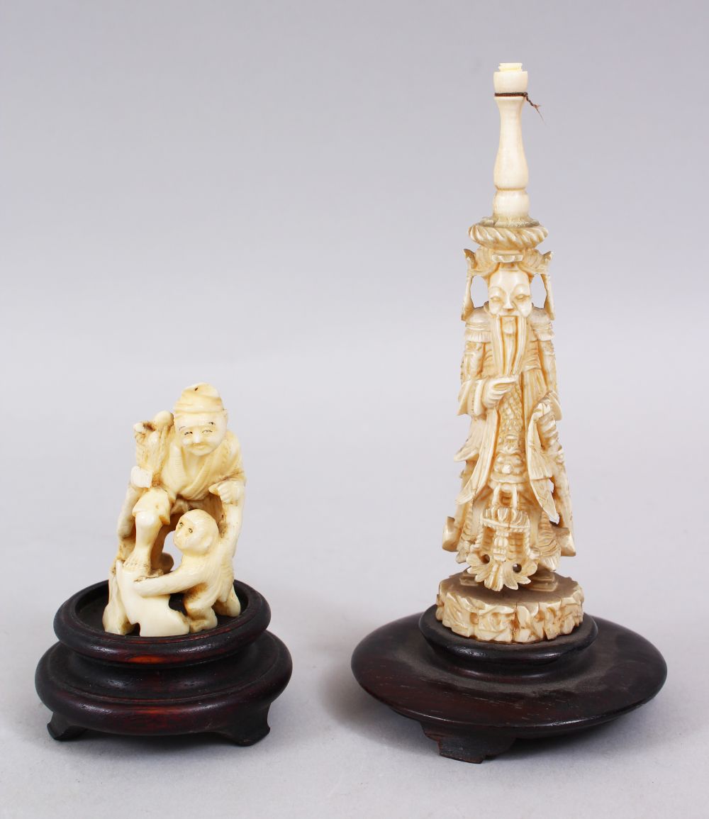 TWO 19TH CENTURY CHINESE / JAPANESE CARVED IVORY FIGURES / NETSUKE, one depicting a sage with a long