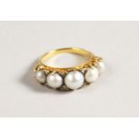 AN 18CT GOLD FIVE-STONE PEARL AND DIAMOND RING.