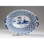 AN 18TH CENTURY DERBY OVAL TWO-HANDLED BASKET, painted with a Chinese landscape in blue under-