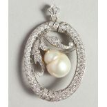 A GOOD 18CT GOLD, DIAMOND AND BAROQUE PEARL PENDANT, with certificate.