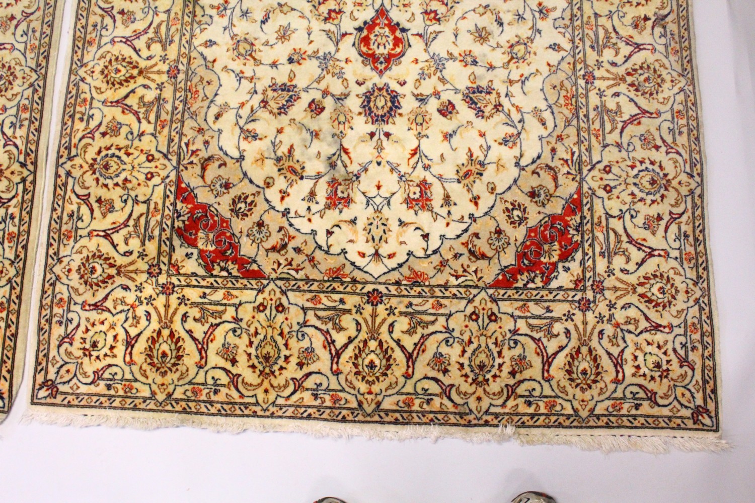 A PAIR OF PERSIAN TABRIZ CARPETS, beige ground with a central medallion and floral decoration ( - Image 6 of 28