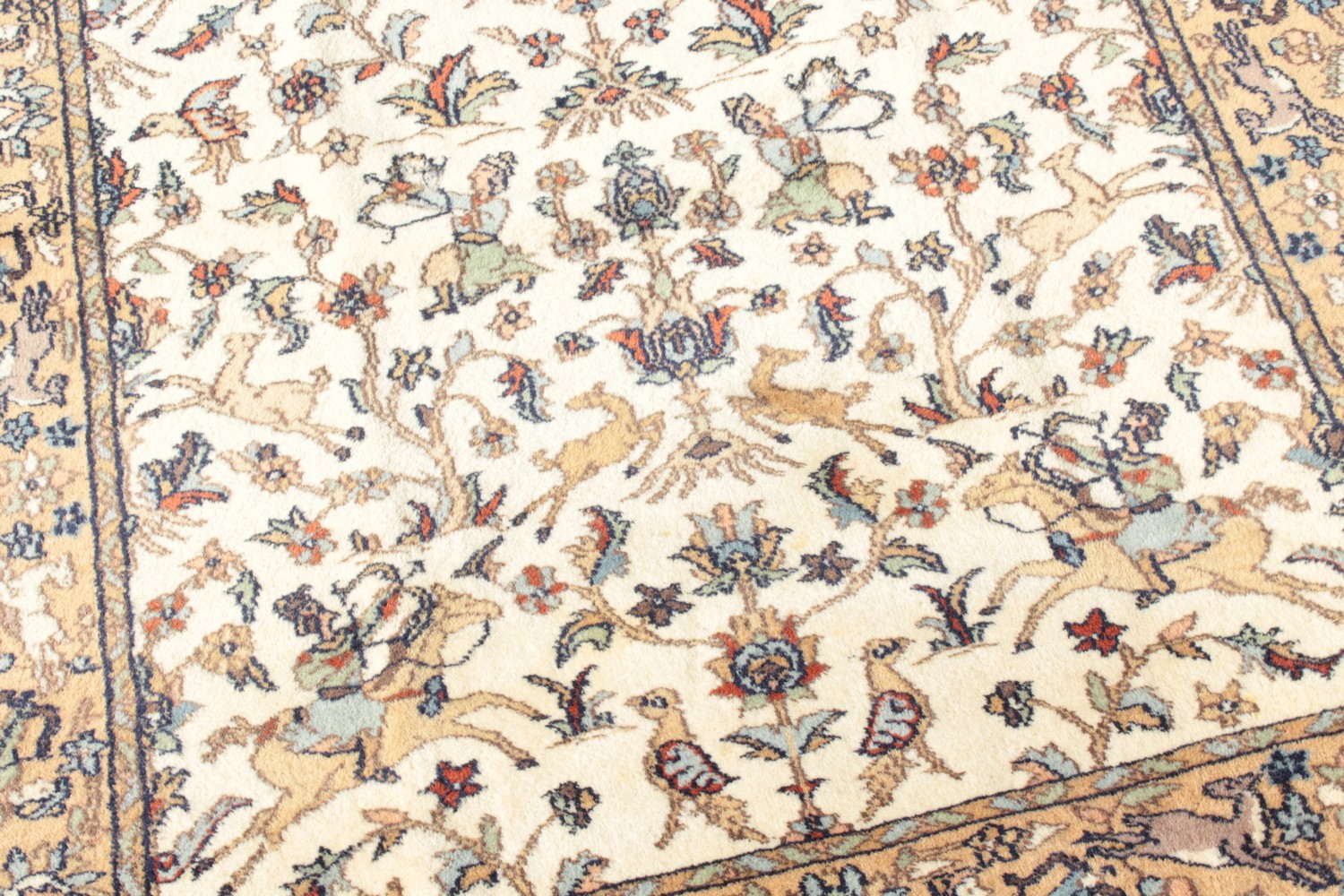 A GOOD INDIAN WOOL RUG with hunting scenes on a white background. 6ft 4ins x 4ft. - Image 5 of 11