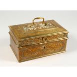 A 19TH CENTURY EASTERN ENGRAVED BRASS SPICE/WRITING BOX. 8.5ins wide.