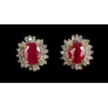 A GOOD PAIR OF 18CT YELLOW GOLD, RUBY AND DIAMOND CLUSTER EARRINGS.