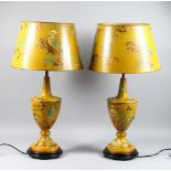 A PAIR OF VASE SHAPED TOLEWARE LAMPS AND SHADES. Lamps: 22ins high.
