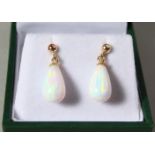 A PAIR OF 9CT GOLD AND OPAL DROP EARRINGS.