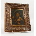 AN EARLY RELIGIOUS OIL OF OLD FRANCIS, framed and glazed. 6.5ins x 5ins.