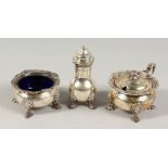 A HEAVY THREE PIECE CRUET. London 1910.