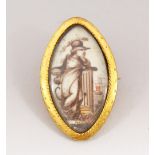 A GEORGIAN OVAL BROOCH, with portrait of a young girl standing beside a column.