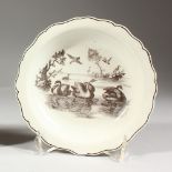 A RARE 18TH CENTURY WORCESTER SMALL PLATE OR STAND, printed in black with swans and other birds.