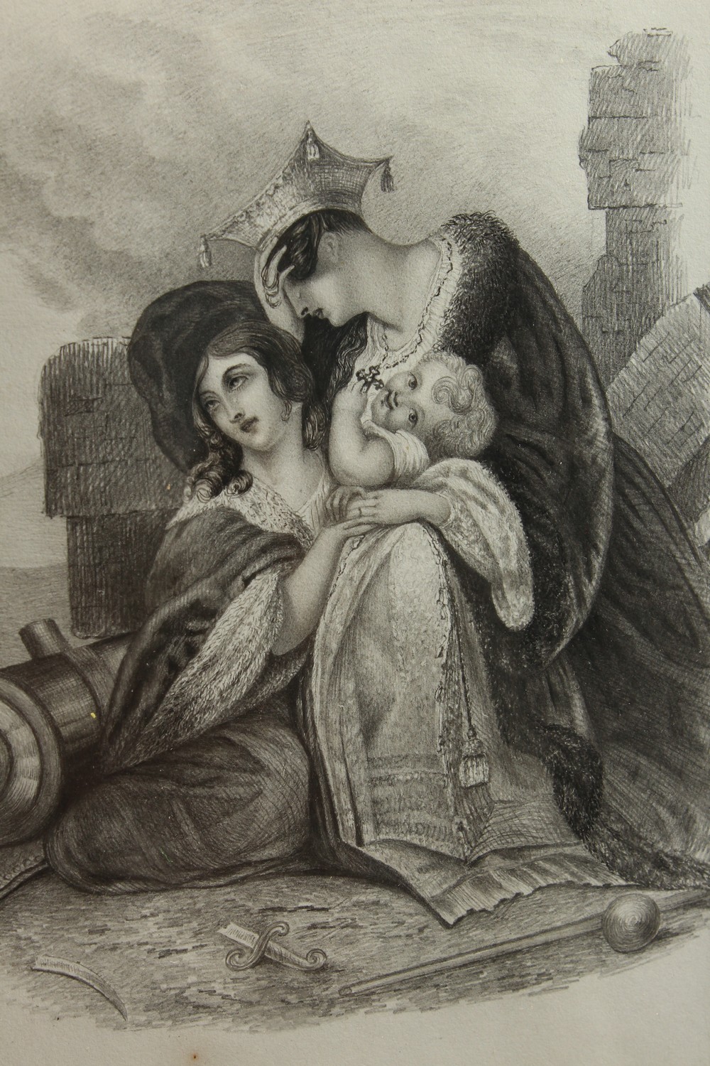 A LATE 19TH CENTURY PENCIL STUDY OF TWO LADIES AND A BABY, in a good rosewood frame. Image: 8. - Image 2 of 2