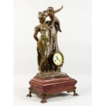 A LARGE 19TH CENTURY FRENCH SPELTER AND MARBLE FIGURAL CLOCK, "LA CONFIDENCE" mounted with a