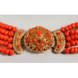A GOOD CORAL FIVE-ROW NECKLACE, with 18ct gold clasp, approx. 140gms. 16ins long.
