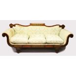 A VERY GOOD REGENCY ROSEWOOD AND CUT BRASS INLAID SCROLL END SETTEE, with carved and shaped back,