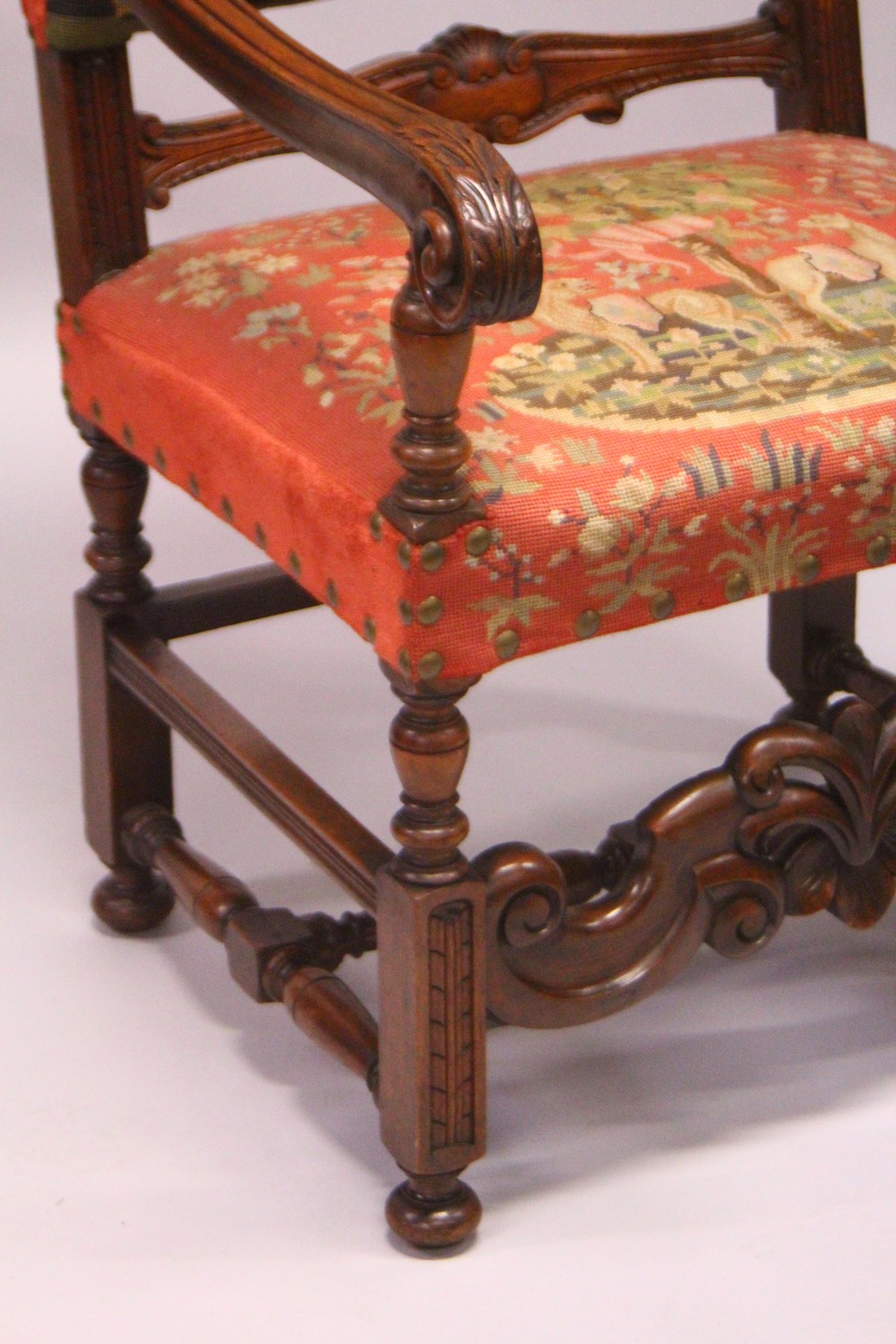 A CONTINENTAL 18TH CENTURY STYLE WALNUT ARMCHAIR, with tapestry upholstered back and seat, turned - Image 2 of 5