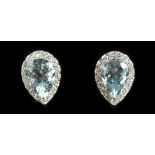 A GOOD PAIR OF 18CT WHITE GOLD PEAR SHAPED AQUAMARINE AND DIAMOND EARRINGS.