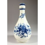 AN 18TH CENTURY WORCESTER WATER BOTTLE decorated in blue under-glaze with fir cones and flowers,