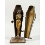 A VIENNA STYLE COLD PAINTED BRONZE OF AN EGYPTIAN SARCOPHAGUS, concealing a female nude. 9ins high.