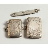 TWO ENGRAVED SILVER VESTA and A SILVER PENKNIFE.