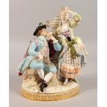 A SUPERB LARGE 19TH CENTURY MEISSEN GROUP of a gallant and lady beside a column with urn, on an oval