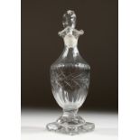 A GOOD 18TH CENTURY IRISH CRYSTAL OIL BOTTLE AND STOPPER on a square stand. 8ins high.