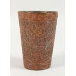 A 19TH CENTURY EASTERN FOLIATE ENGRAVED COPPER BEAKER. 4.75ins high.